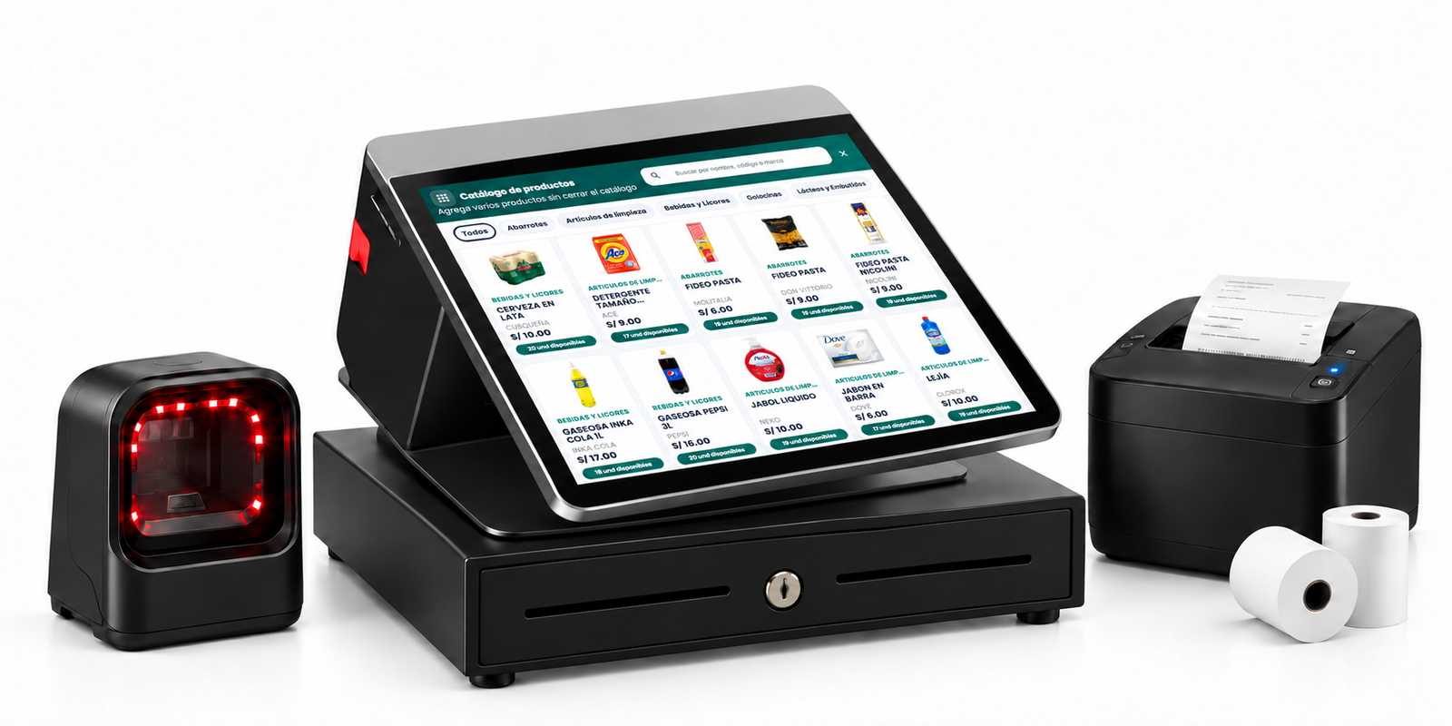 Catálogo de productos de YR POS en un terminal compacto sin marca con lector omnidireccional, impresora y rollos de papel